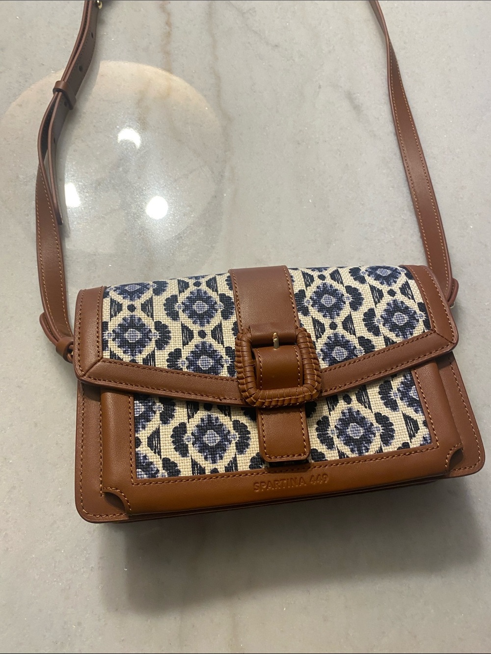 Spartina 449 Brown Leather-Trim Crossbody Bag with Blue raffia Pattern - Picture 3 of 13